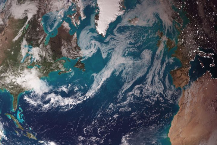 Satellite view of Earth showing North America, the Atlantic Ocean, Europe, and Africa