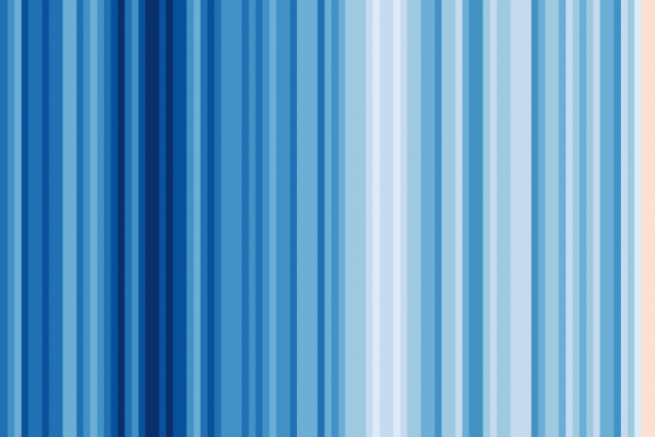 Warming stripes graphic by climatologist Ed Hawkins. The progression from blue (cooler) to red (warmer) stripes portrays the long-term increase of average global temperature from 1850 (left side of graphic) to 2018 (right side of graphic).