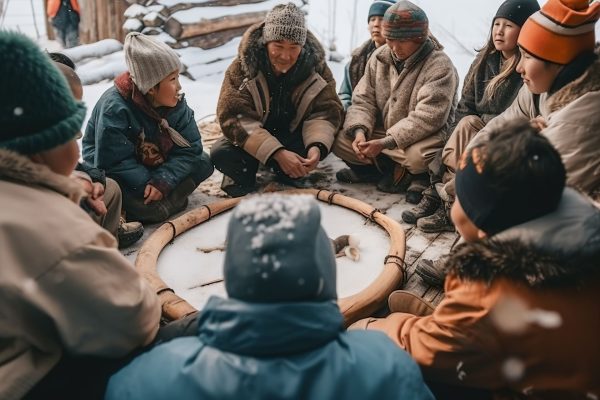 Indigenous people sitting in a circle talking
