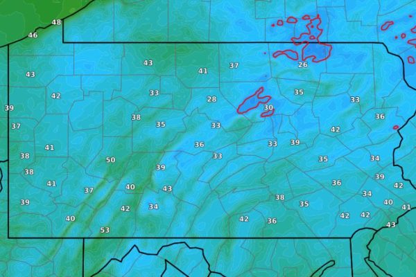 A map of pennsylvania with weather data shown in color